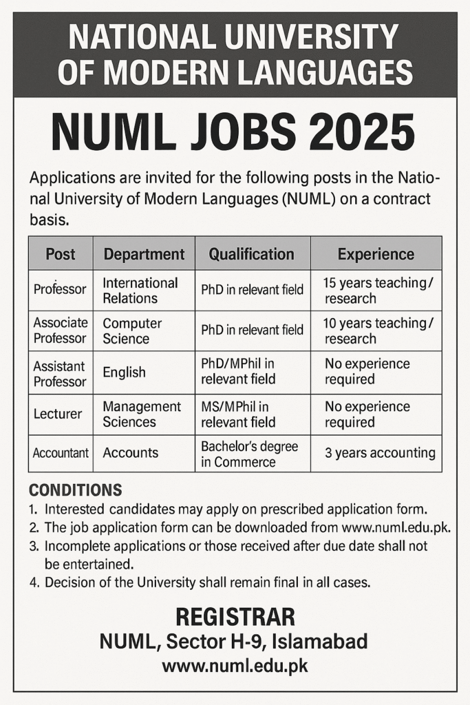 National University Of Modern Languages NUML Jobs 2025